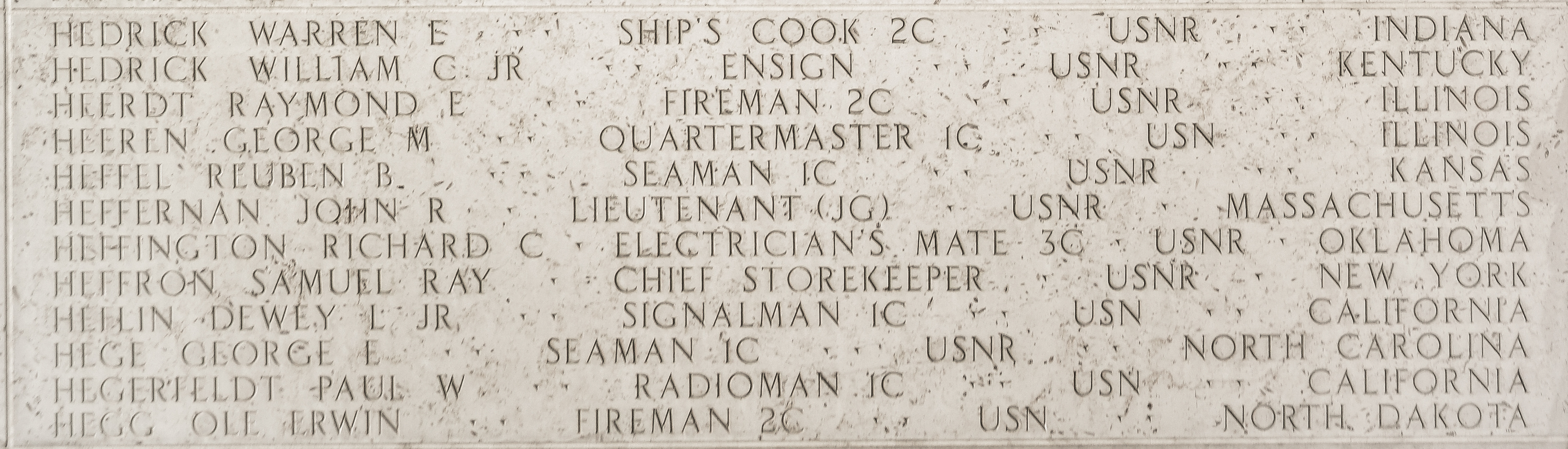 Samuel Ray Heffron, Chief Storekeeper